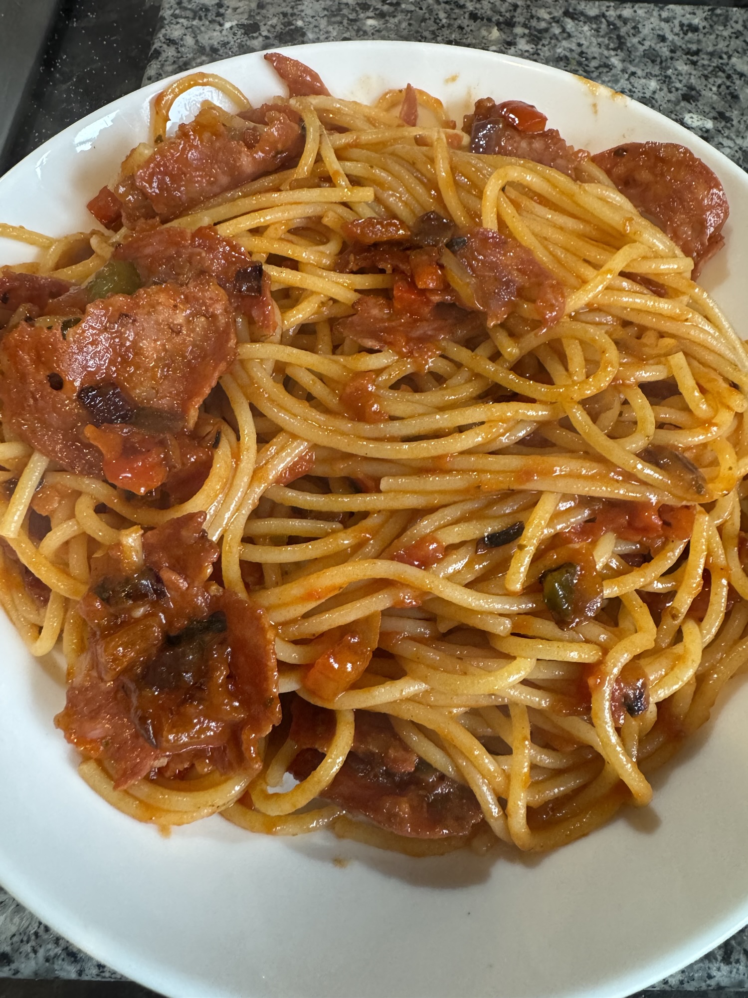 Gluten-Free Spaghetti with Pepperoni and fried peppers in a Arrabbiata&nbsp;Sauce.