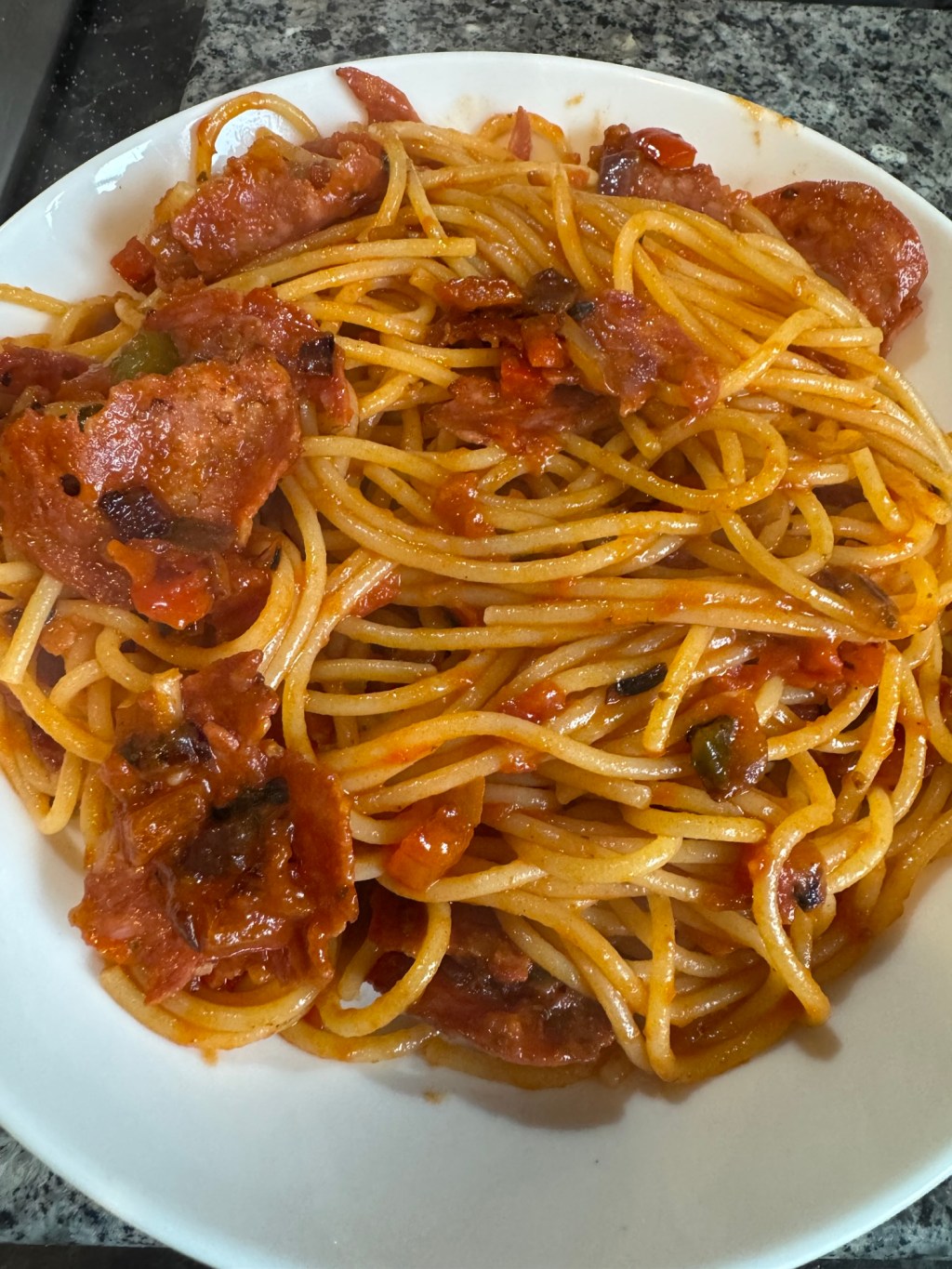 Gluten-Free Spaghetti with Pepperoni and fried peppers in a Arrabbiata&nbsp;Sauce.