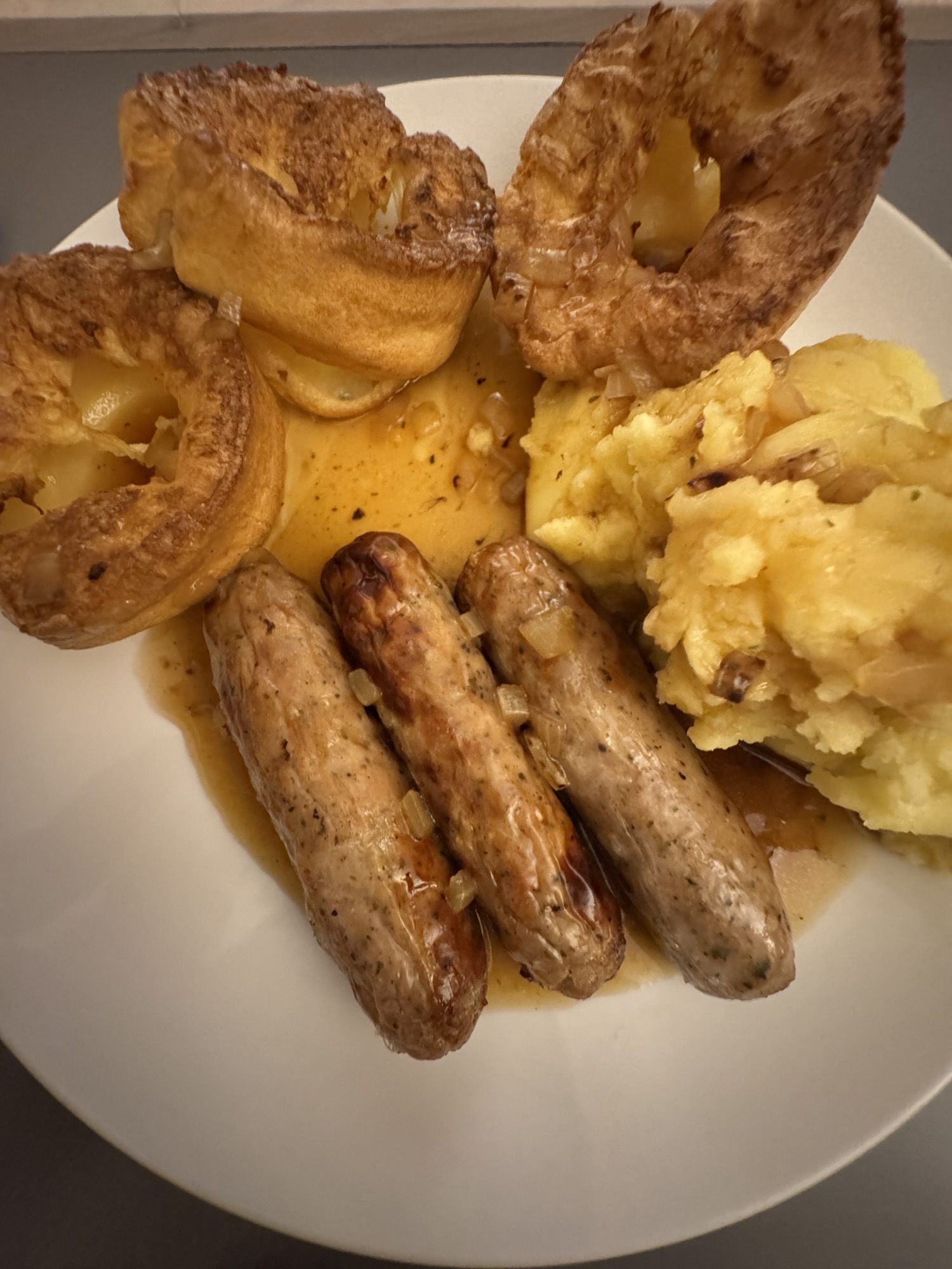 Gluten-Free Bangers and Mash with Yorkshire Pudding and Onion&nbsp;Gravy
