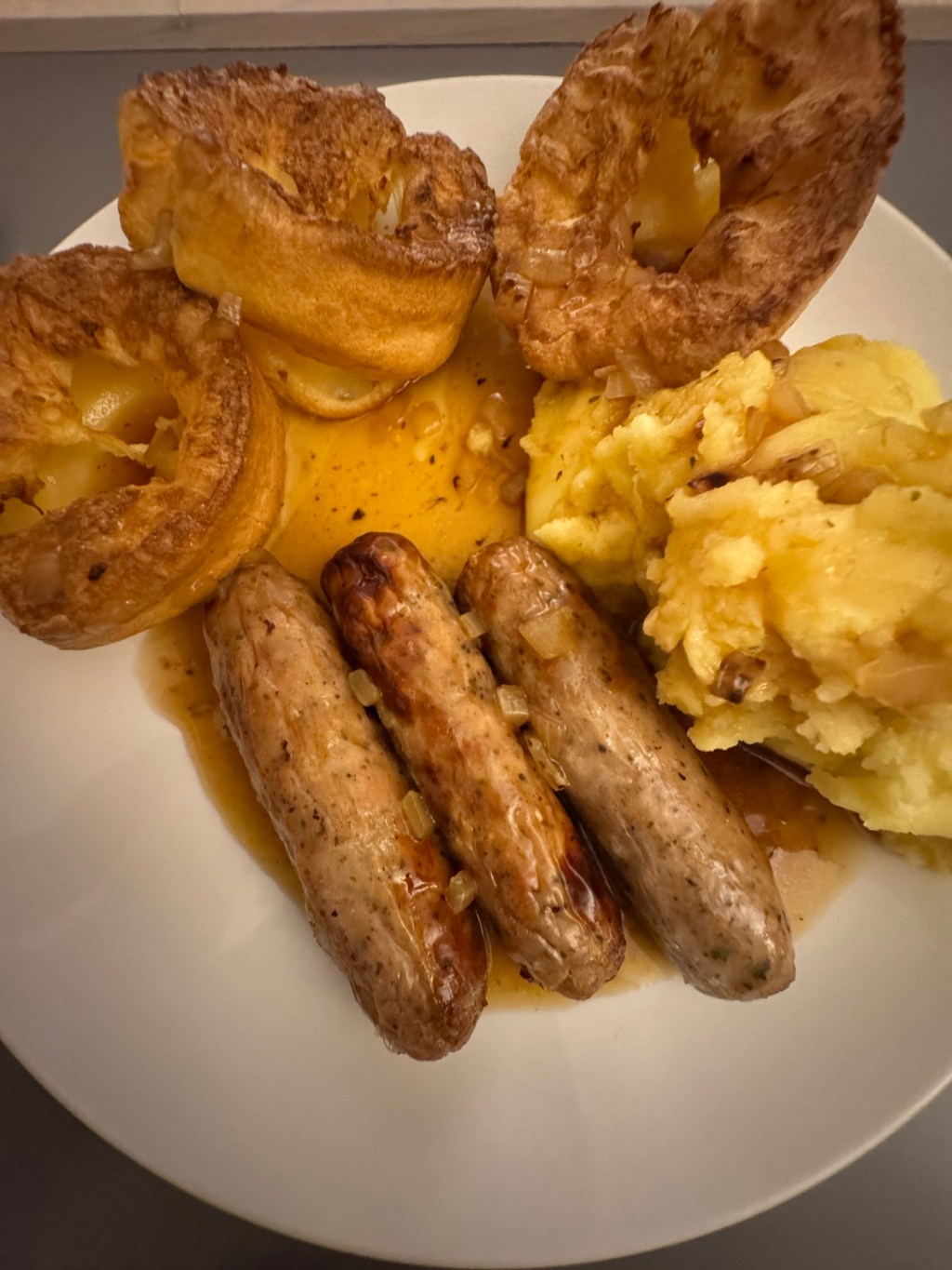 Gluten-Free Bangers and Mash with Yorkshire Pudding and Onion&nbsp;Gravy
