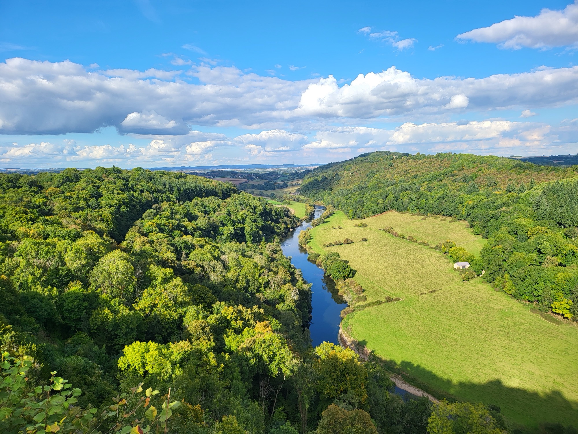 A scenic view of Symonds Yat in the Forest of Dean, Wye Valley, England, featuring a winding river surrounded by lush green forests and rolling hills. The sky is bright blue with fluffy white clouds, casting soft shadows over the landscape. A small building is visible in a grassy field near the river, adding to the rural charm of the scene.