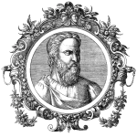 An intricate black-and-white engraving of Aretaeus of Cappadocia, an ancient Greek physician known for his contributions to medical science. He is depicted with a full beard and wavy hair, wearing a draped toga fastened with a circular clasp on his shoulder. His gaze is directed to the side with a solemn, thoughtful expression. The portrait is enclosed in an ornate, decorative frame featuring floral motifs, scrollwork, and cherub-like faces at the top, reminiscent of Renaissance-era engraving styles.