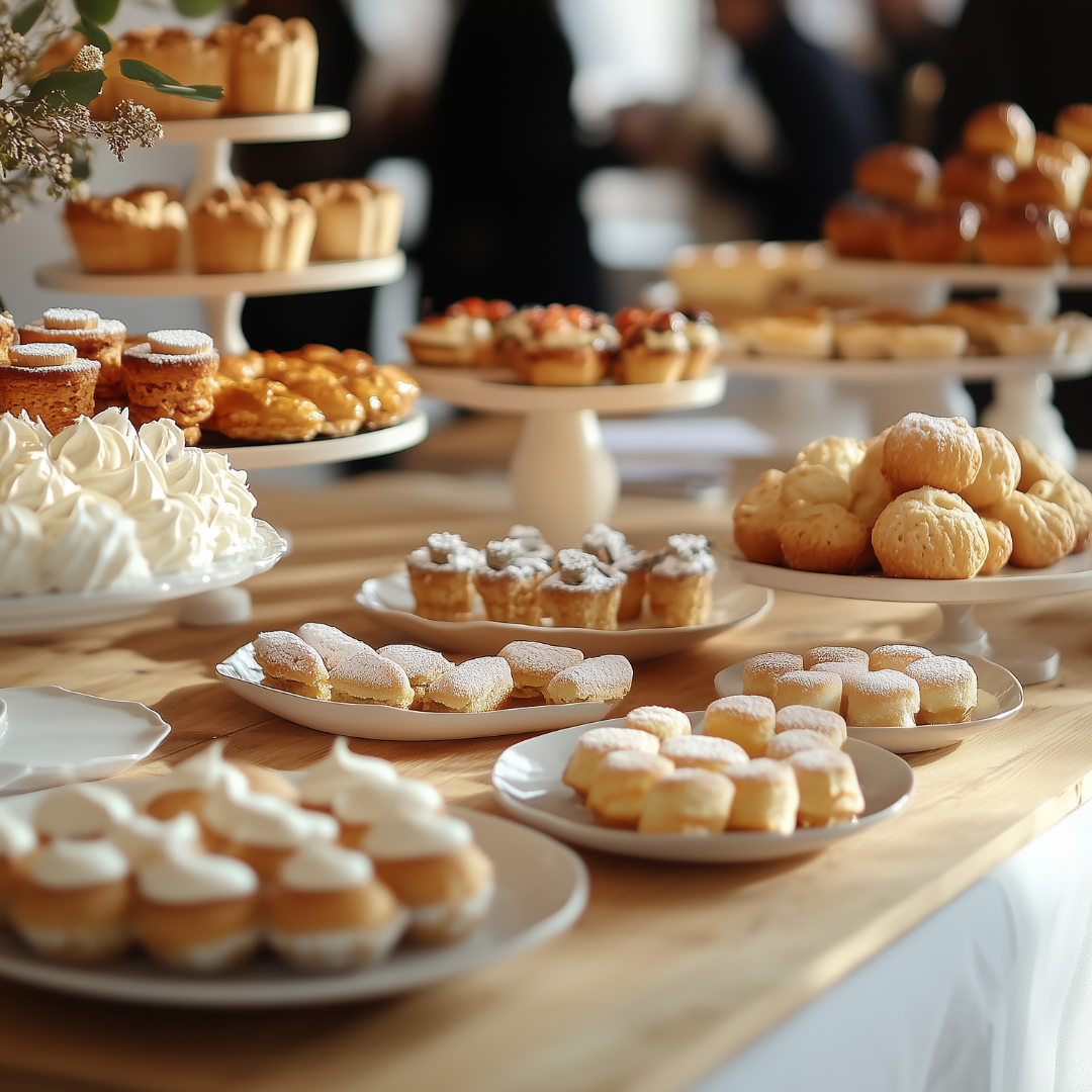A table filled with a variety of pastries and desserts. There are multiple plates and tiered stands displaying different types of baked goods, including cupcakes with frosting, powdered sugar-covered pastries, cream-filled pastries, and small cakes. The background shows a blurred setting with people, suggesting a social event or gathering. The arrangement of the desserts is visually appealing and suggests a well-prepared and inviting spread for guests.