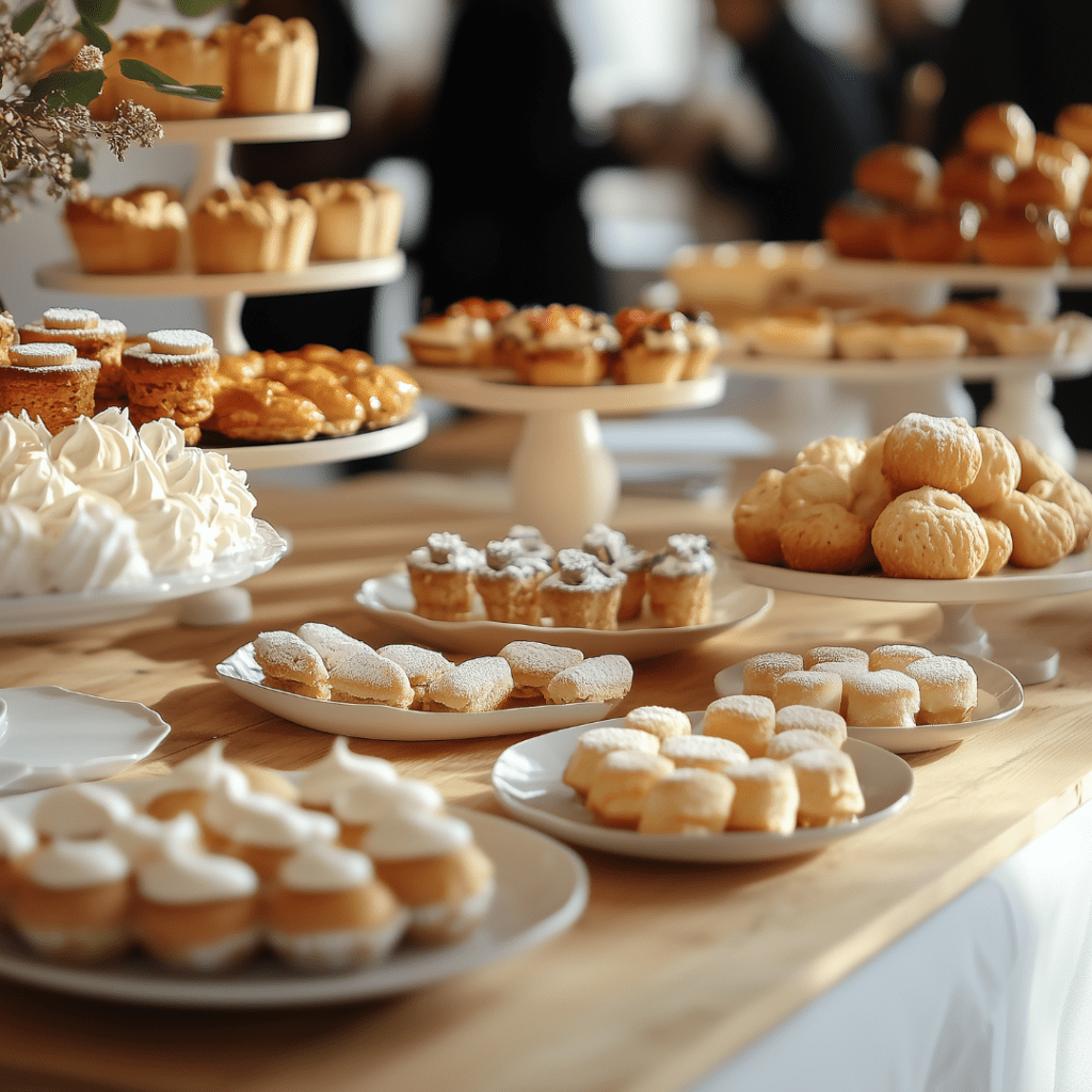 A table filled with a variety of pastries and desserts. There are multiple plates and tiered stands displaying different types of baked goods, including cupcakes with frosting, powdered sugar-covered pastries, cream-filled pastries, and small cakes. The background shows a blurred setting with people, suggesting a social event or gathering. The arrangement of the desserts is visually appealing and suggests a well-prepared and inviting spread for guests.
