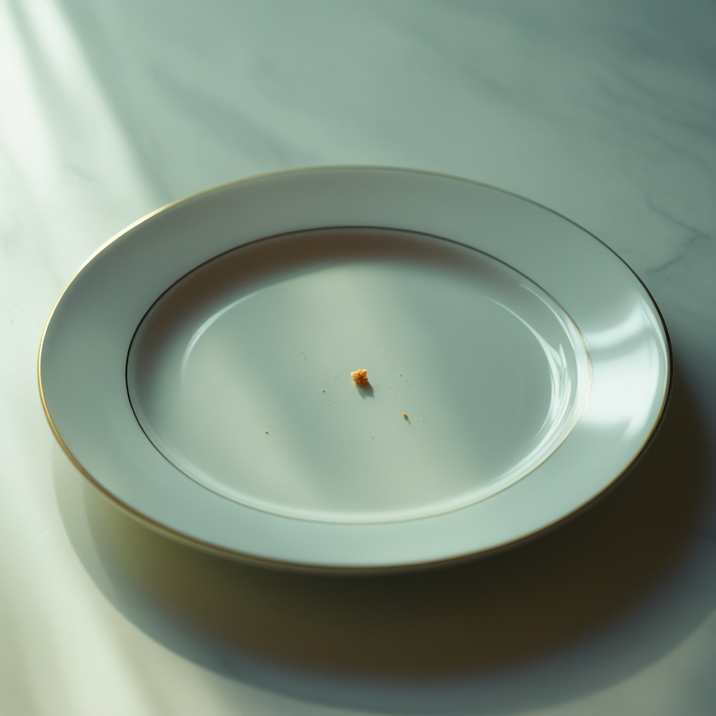 A nearly empty white plate with a single small breadcrumb in the centre. Soft lighting casts gentle shadows, emphasising the lone crumb on the otherwise clean surface.