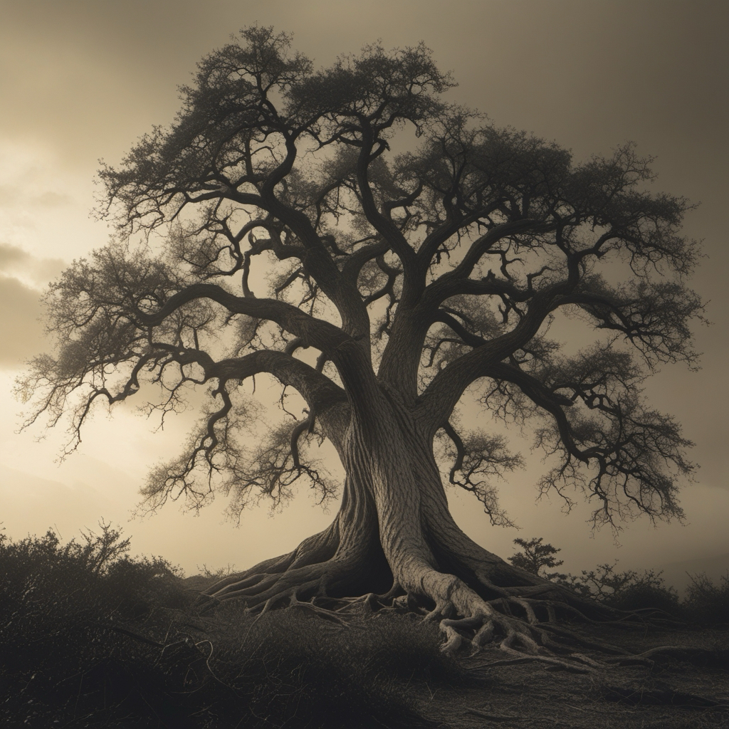 A large, ancient tree with sprawling branches and deeply gnarled roots stands against a moody, overcast sky. The monochrome tones highlight the intricate textures of the bark and the delicate, sparse foliage, creating a haunting yet majestic atmosphere.