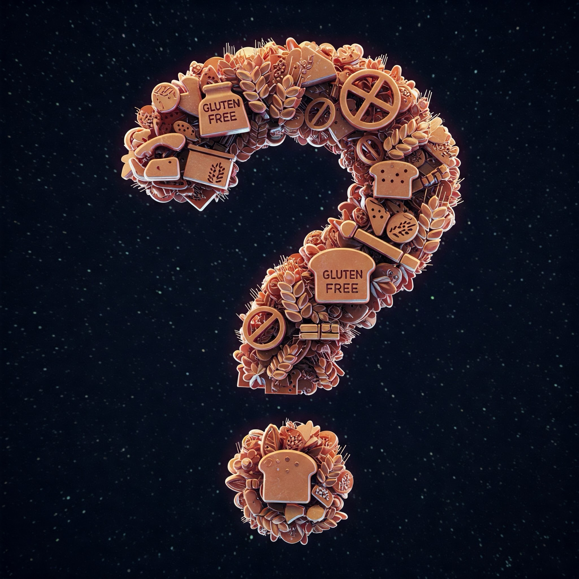 A bewildering array of meticulously crafted gluten-free icons intertwine to form a massive question mark.