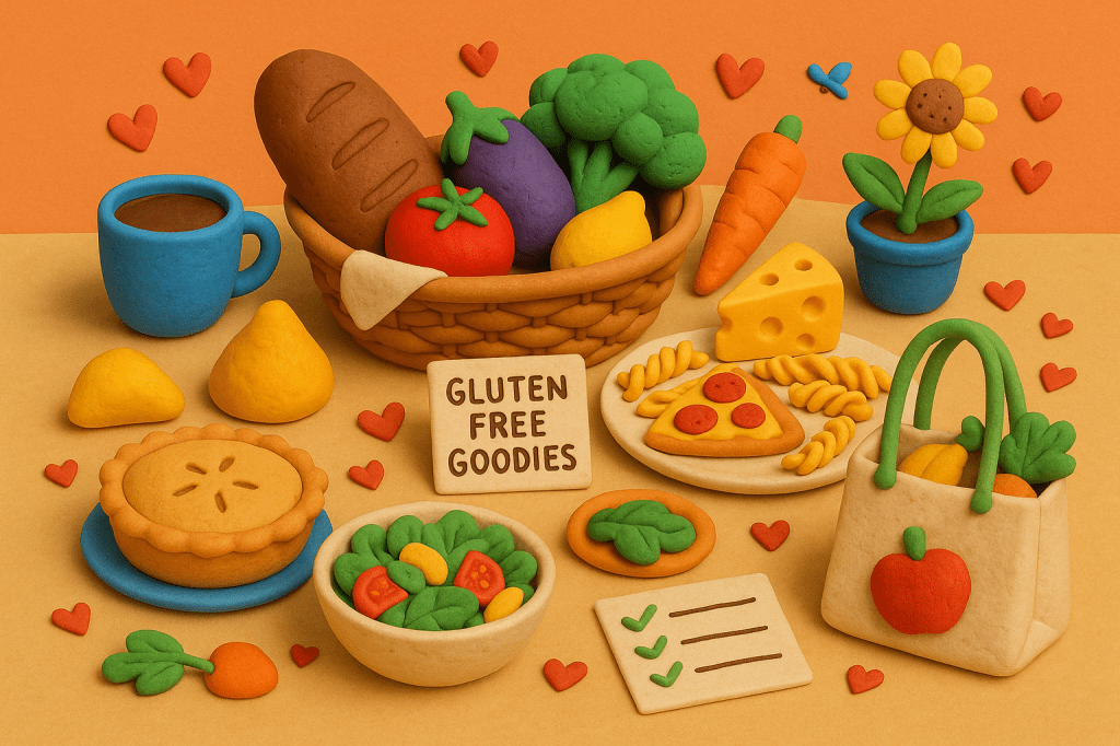 Claymation-style illustration of a colourful table full of gluten-free foods, including bread, pasta, vegetables, salad, a pizza slice, coffee, a shopping bag, and a sunflower, with a “Gluten Free Goodies” sign in the centre.
