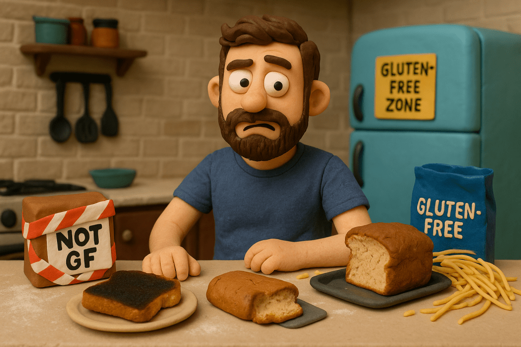 Claymation-style man looking confused at a gluten-free kitchen counter with food fails and a “Not GF” box.