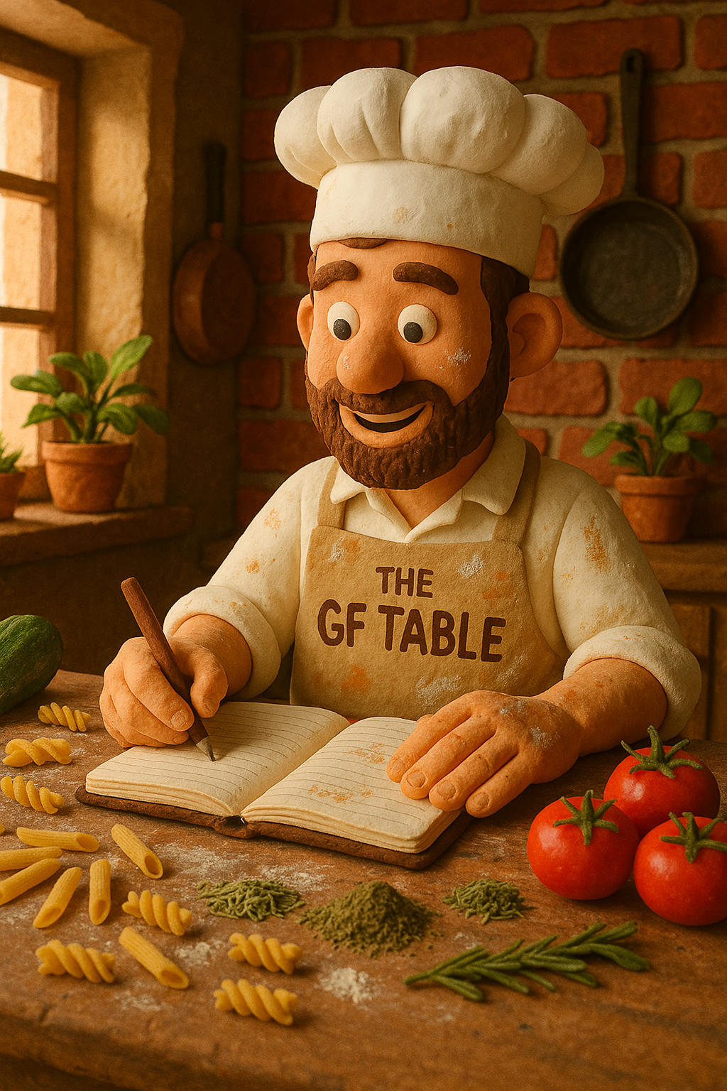Claymation chef smiling while writing a gluten free recipe at a rustic kitchen table, surrounded by fresh gluten free foods and wearing a ‘The GF Table’ apron.
