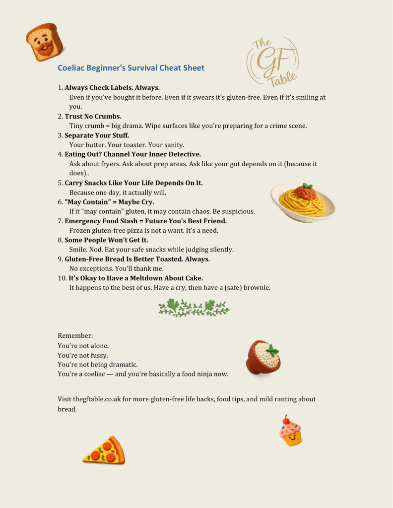 Printable Coeliac Beginner’s Survival Cheat Sheet with gluten-free living tips, colourful claymation food illustrations.