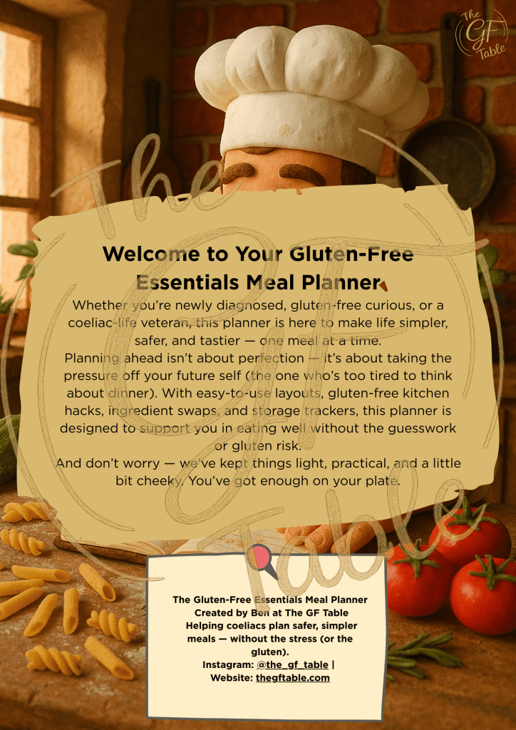 A claymation-style chef with a white hat stands in a cosy kitchen scene with brick walls, a window, and hanging utensils. Gluten-free pasta and fresh tomatoes are arranged on the wooden table. Overlaid is a parchment-textured page with the heading “Welcome to Your Gluten-Free Essentials Meal Planner” and a supportive message about planning meals gluten-free. At the bottom is a branded box with Instagram and website links for The GF Table. A watermark with “The GF Table” is visible across the image.