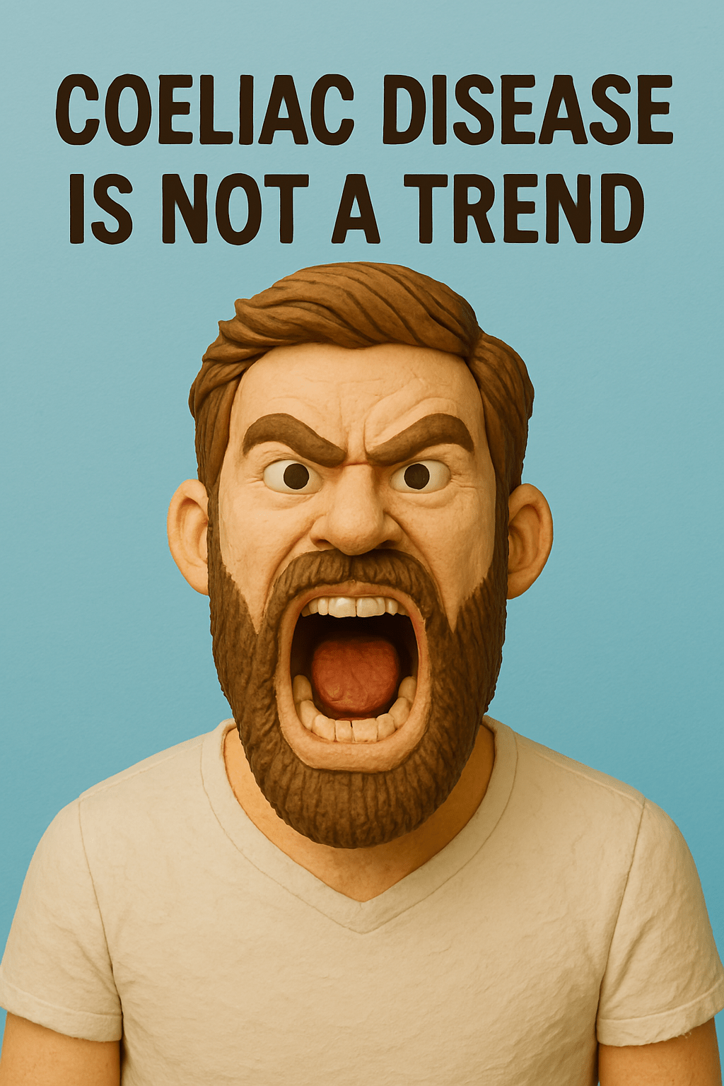 A stylised claymation-style figure of an angry man with a beard, mouth open mid-shout, set against a blue background with bold text above him that reads, “Coeliac Disease is Not a Trend.”