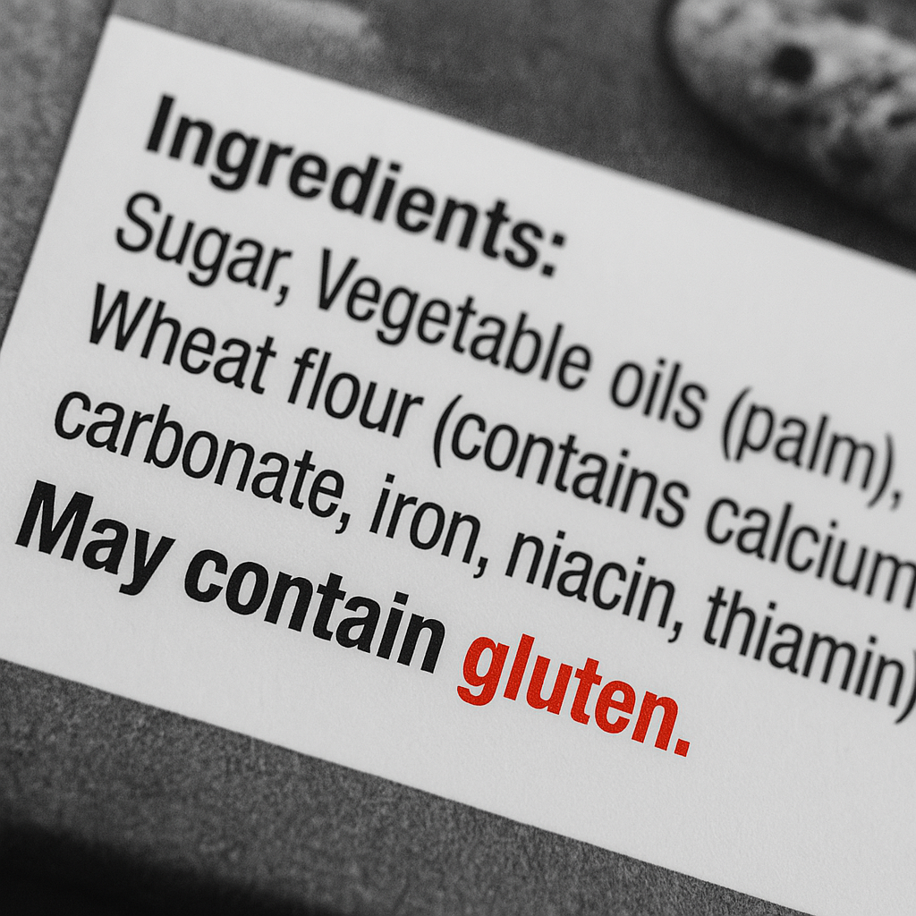 Close-up black and white image of a food ingredients label, with the words “May contain gluten” highlighted in red. The ingredients list includes rice flour, palm oil, and sugar.