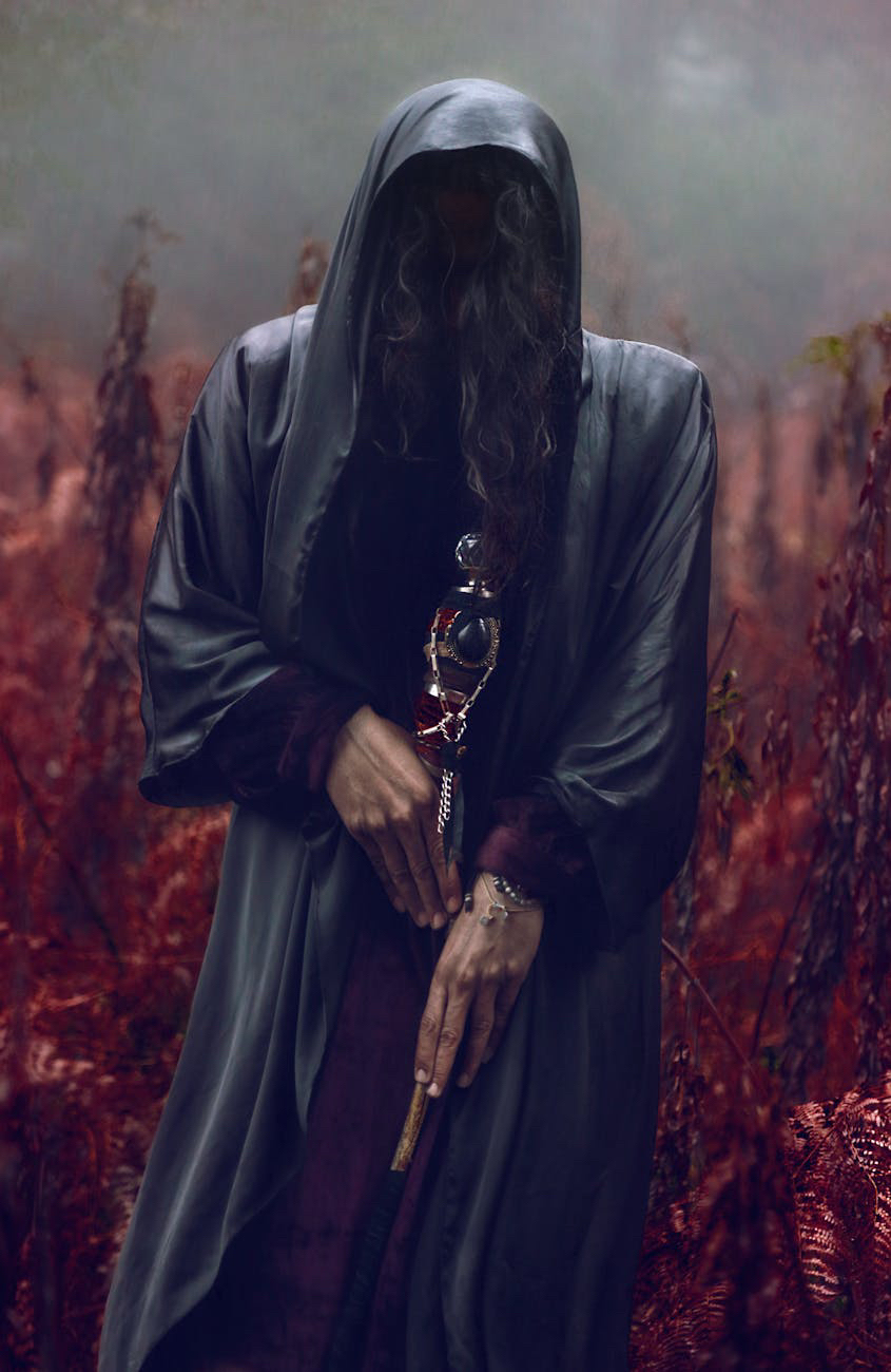 A mysterious hooded figure with long, dark hair stands in a forest of red foliage, holding a decorated staff or wand.
