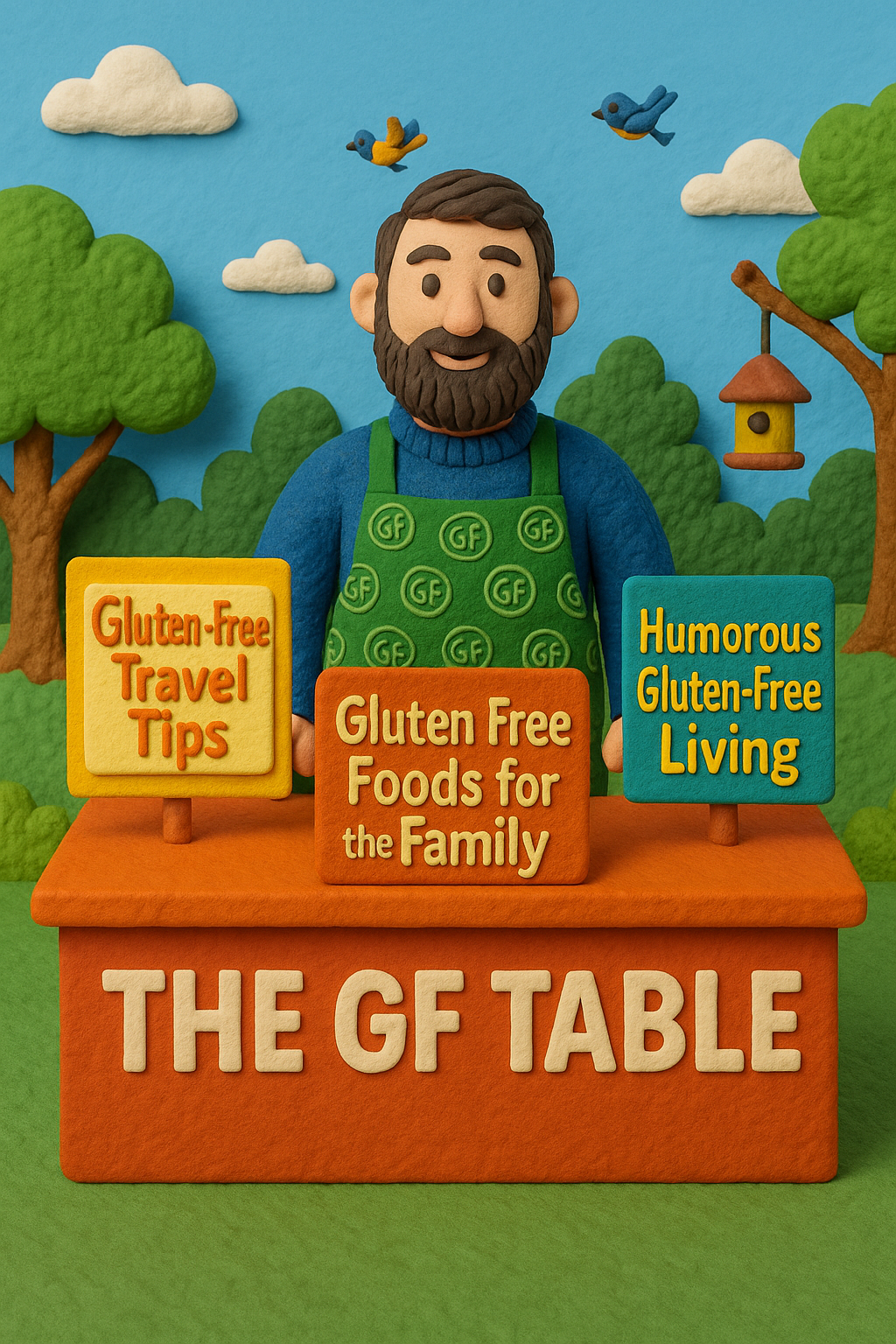 Claymation vendor at The GF Table stall, wearing a green GF-branded apron and displaying coeliac-friendly printable signs.