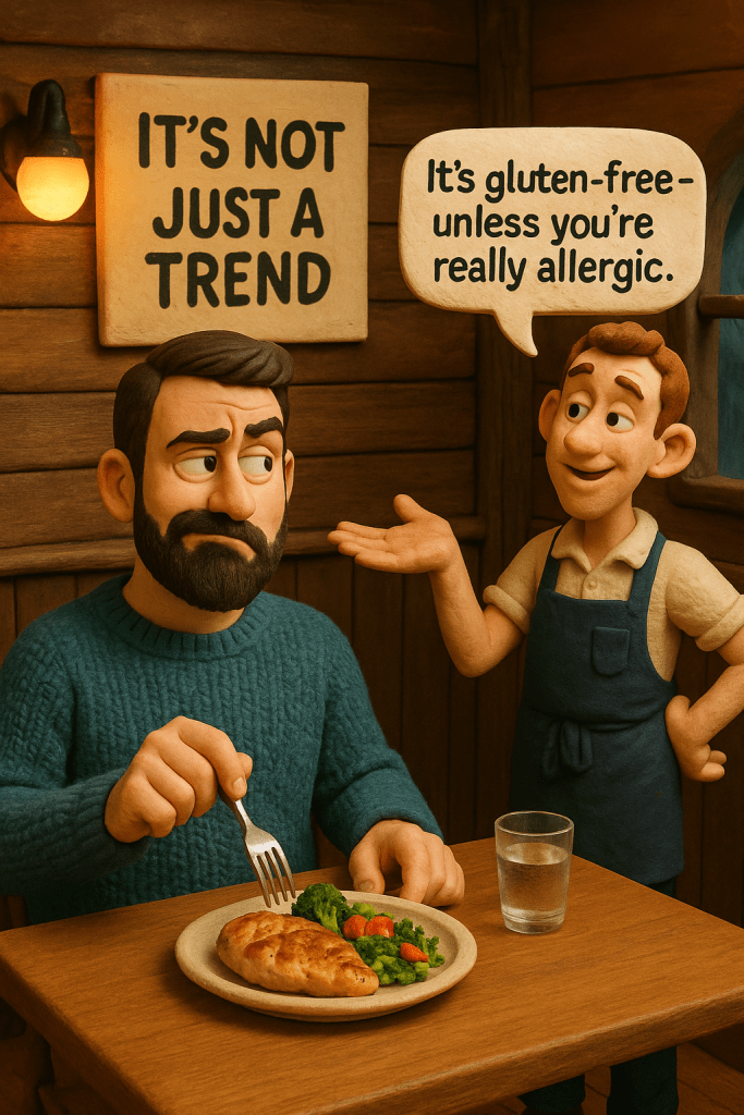 Claymation-style image of a bearded man at a restaurant table, looking sceptically at his food while a waiter, gesturing casually, says, “It’s gluten-free – unless you’re really allergic.” A sign on the wall reads “It’s not just a trend.”