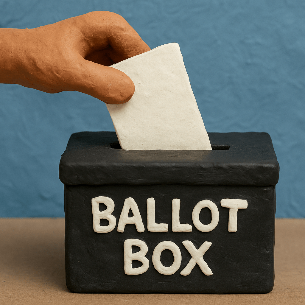Claymation hand placing a white ballot into a black ballot box labelled “BALLOT BOX” against a blue background.