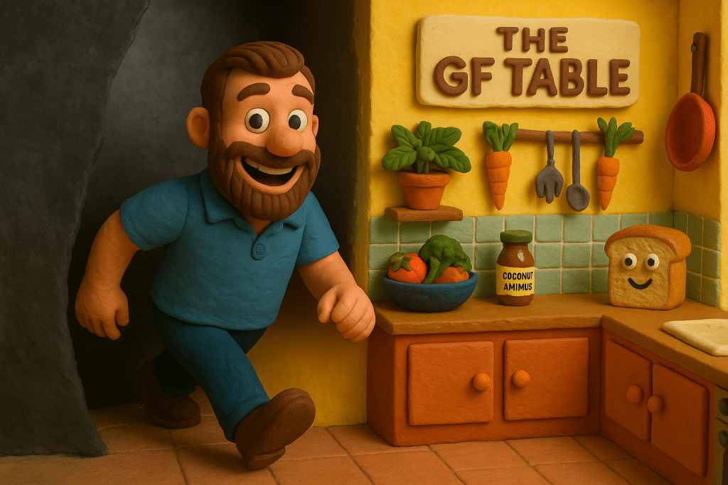 A claymation-style bearded man with a red-brown beard steps from a dull, grey space into a bright, colourful kitchen filled with natural light and gluten-free food, symbolising his journey to better health after coeliac diagnosis.