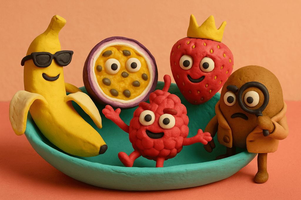 Claymation-style image of five quirky fruits in a turquoise bowl: a smiling banana in sunglasses, wide-eyed passion fruit, crowned strawberry, energetic raspberry, and detective-style kiwi with a magnifying glass.