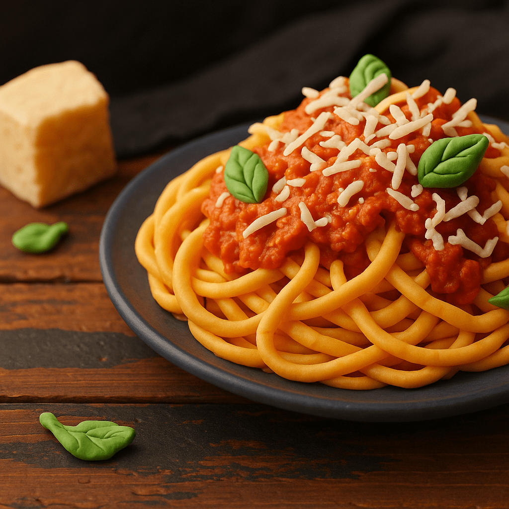 Claymation image of gluten-free spaghetti with tomato sauce, shredded cheese, and basil on a dark plate over a rustic wooden table.