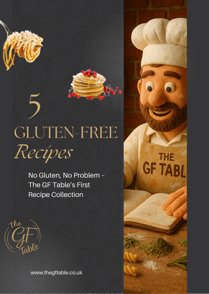 Cover image for The GF Table’s free gluten-free mini ebook, showing a bearded claymation chef and the title “5 Gluten-Free Recipes – No Gluten, No Problem.”