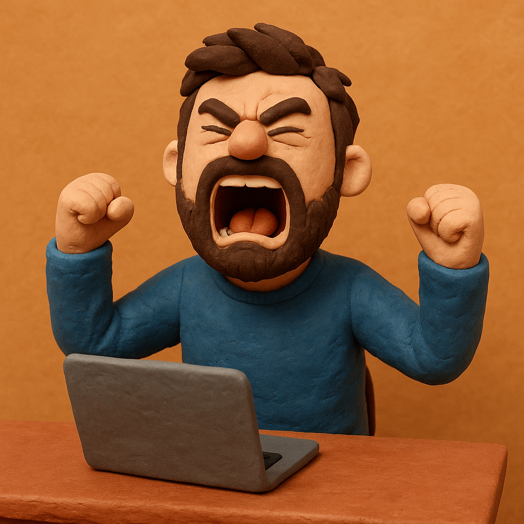 Claymation bearded man screaming with clenched fists in front of a laptop, expressing online frustration.