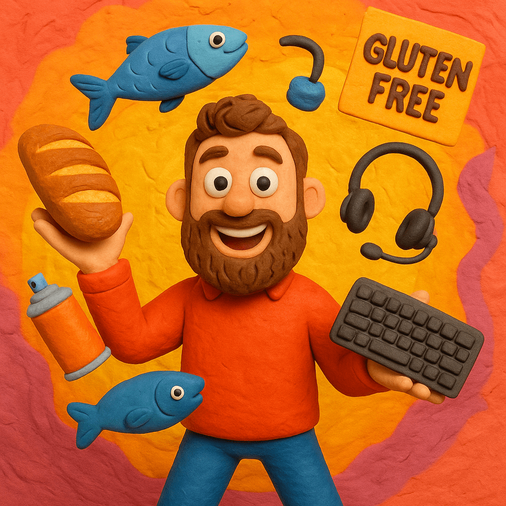 Claymation image of a smiling bearded man juggling a loaf of bread, fish, headset, keyboard, spray can, and a ‘Gluten-Free’ sign.