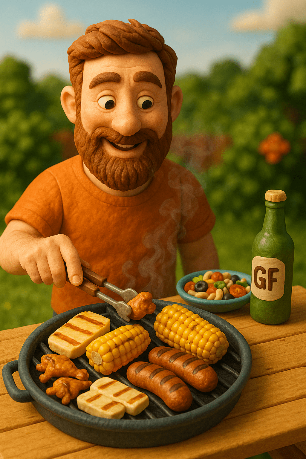 Bearded man grilling gluten-free food on a claymation BBQ, surrounded by corn, sausages, halloumi, pasta salad, and a bottle marked “GF” in a sunny garden.