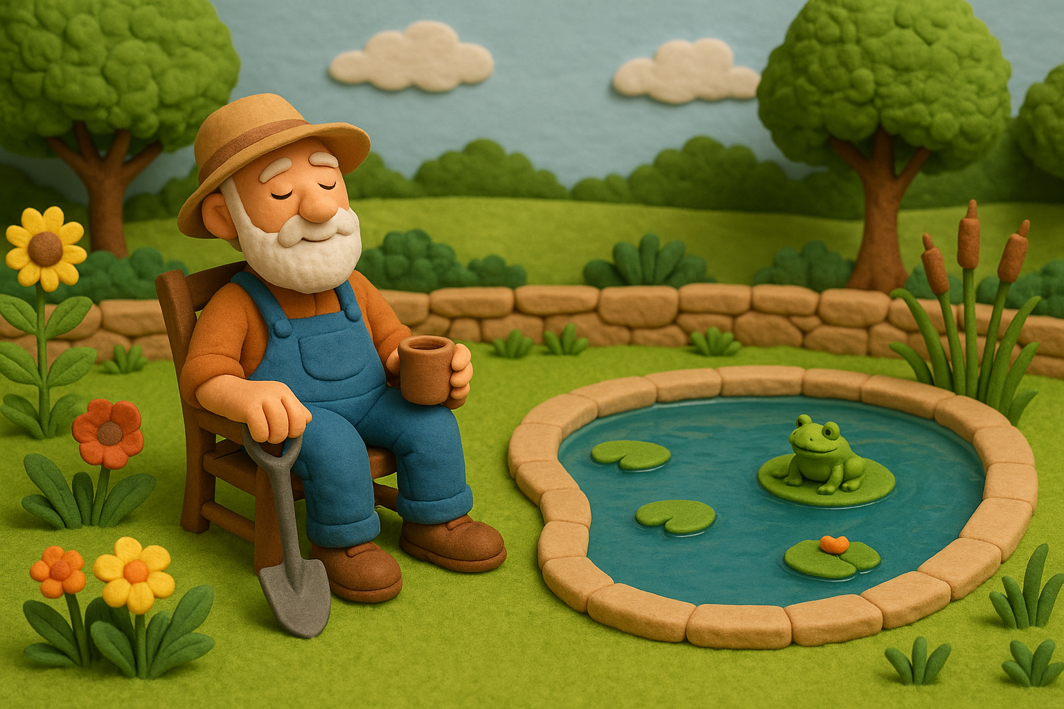 Claymation-style bearded man sitting in a garden beside a small pond, holding a coffee mug and a shovel, with flowers, lily pads, and a frog nearby.