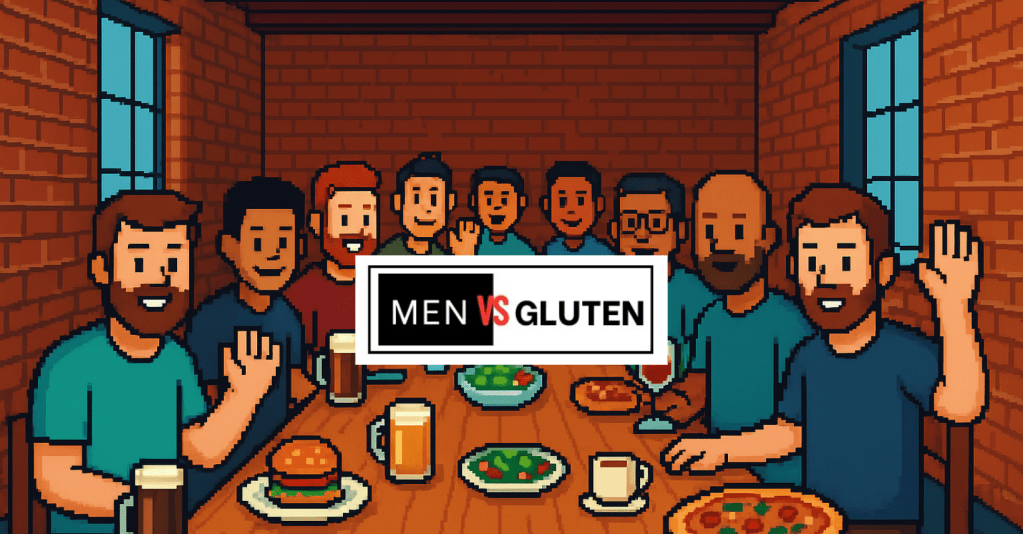 Pixel-style image of smiling men with beards and short hair seated around a table filled with gluten free food, including pizza, burgers, and beer. Centre logo reads “Men Vs Gluten.”