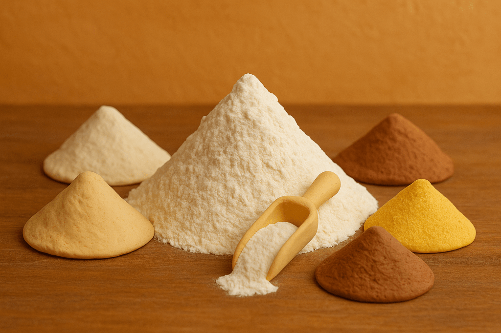 Claymation-style image of six small piles of gluten-free flours in various colours and textures on a wooden table, with a scoop in the central mound under warm lighting.