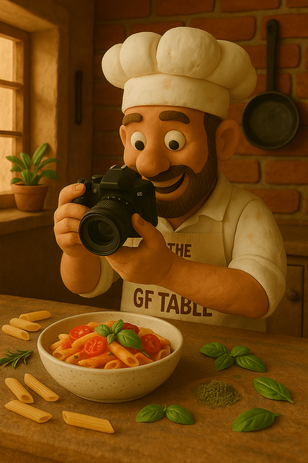 Claymation bearded chef wearing “The GF Table” apron, holding a camera and taking a photo of a bowl of gluten free pasta on a rustic wooden table with basil and tomatoes.
