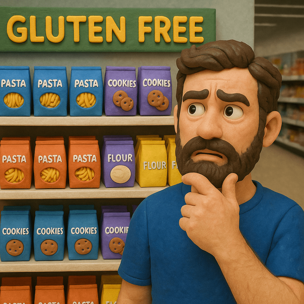 Claymation bearded man in The GF Table art style blended with photorealism, looking puzzled in a supermarket gluten free aisle.