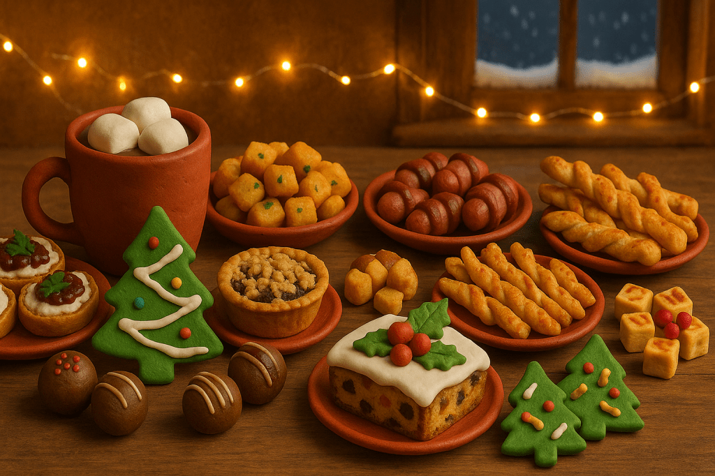 Claymation Christmas food scene showing a variety of gluten free festive bites on a wooden table including pigs in blankets, roast potatoes, mince pie crumble cups, pastry twists, glazed carrots, chocolate truffles, and a mug of hot chocolate with marshmallows. Warm fairy lights and a snowy window complete the cosy holiday setting.