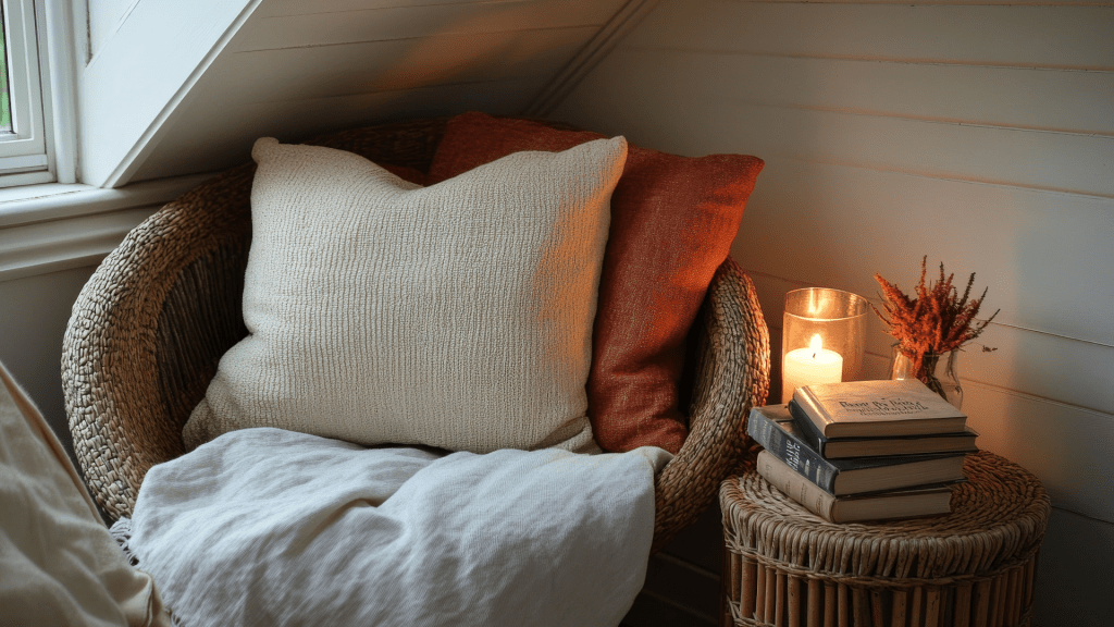 Cosy chair with cushions, blanket and candle in soft natural light representing rest during recovery after being glutened