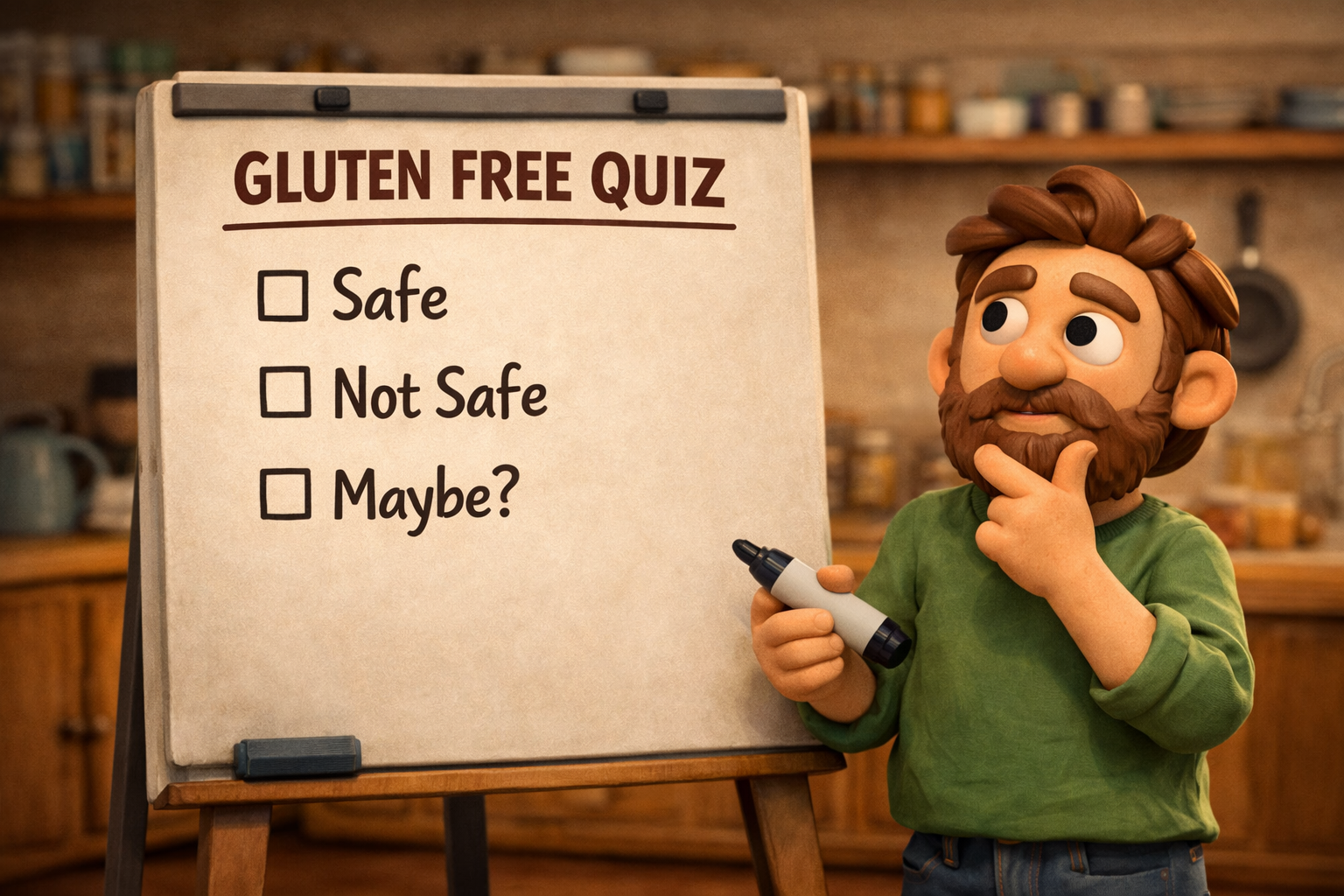 Claymation style bearded character standing beside a whiteboard labelled Gluten Free Quiz