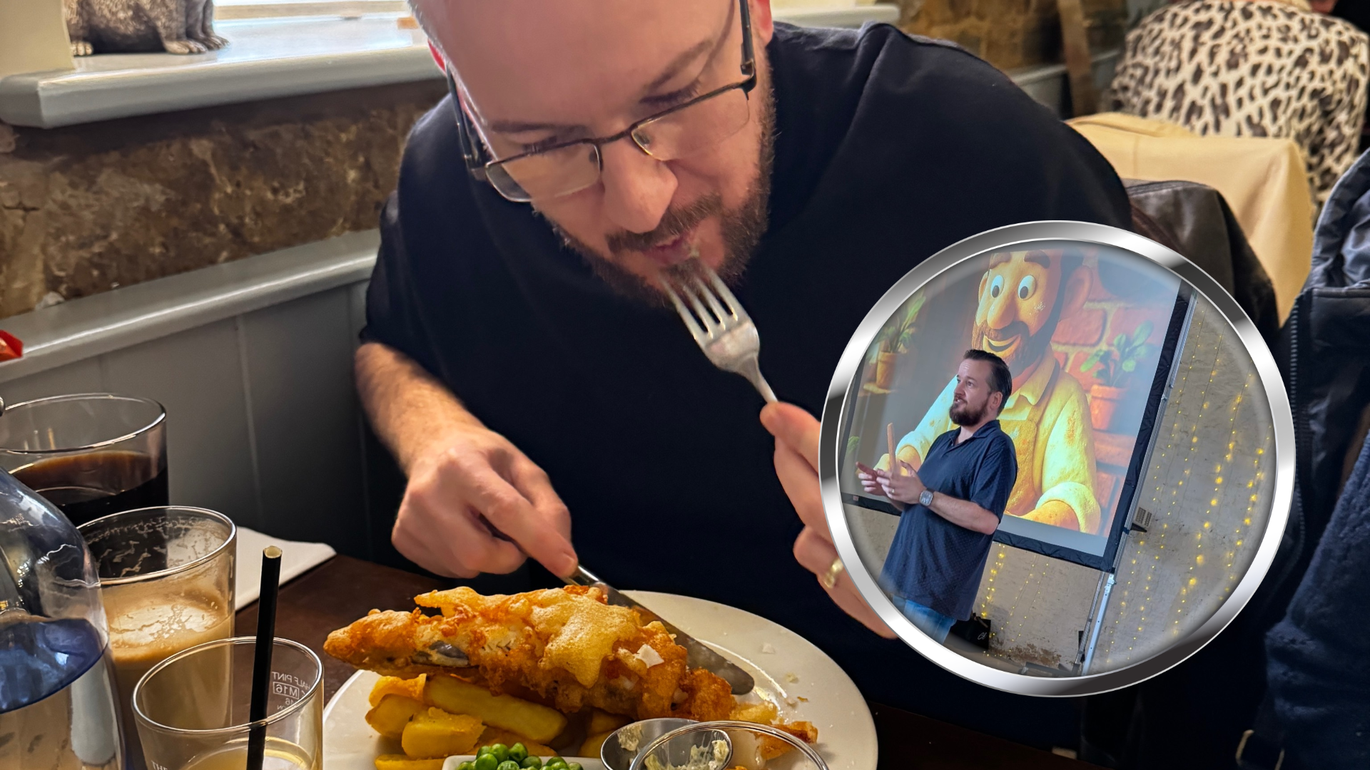 Ben Haggerty eating a gluten free meal with an inset image of him speaking at a gluten free festival