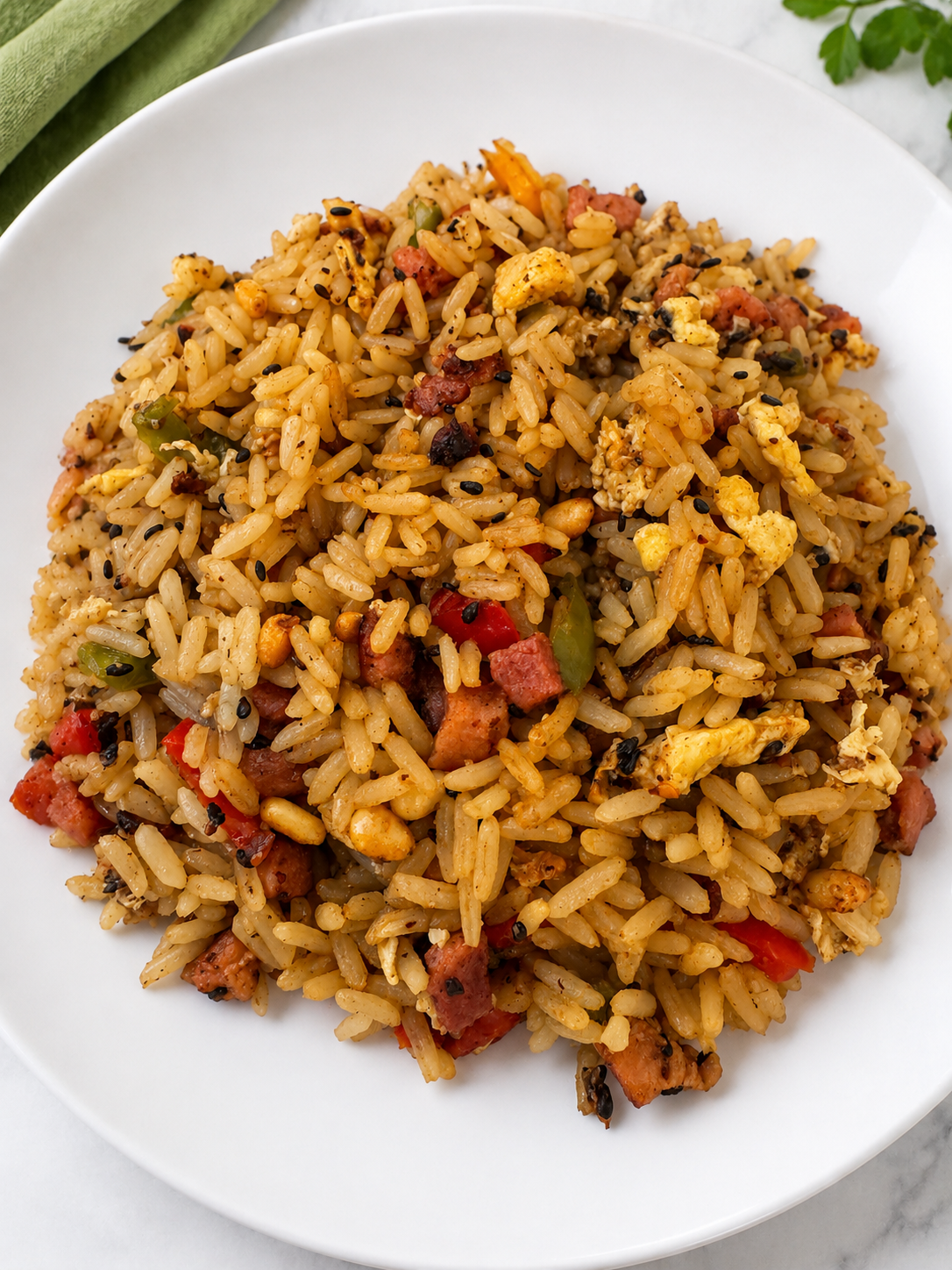 Soy free and gluten free egg fried rice with crispy pancetta, mixed peppers, chilli flakes and pine nuts in a bowl
